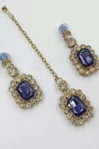 Purple color necklace set with earrings & maang tikka | kundan and agate stone | antique gold plating
