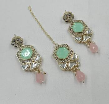 Pink pista color necklace set with earrings & maang tikka | kundan & agate stone | lekar gold plating 4