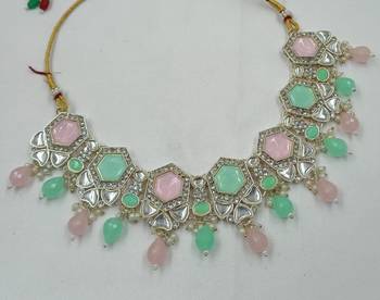 Pink pista color necklace set with earrings & maang tikka | kundan & agate stone | lekar gold plating 5