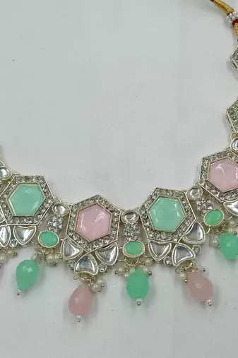 Pink pista color necklace set with earrings & maang tikka | kundan & agate stone | lekar gold plating