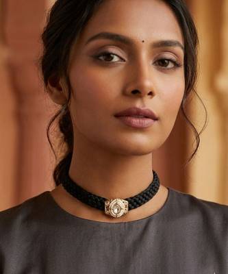 Black pearl & stone embellished gold polished choker necklace for women 1