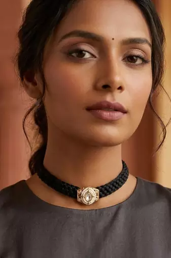 Black pearl & stone embellished gold polished choker necklace for women