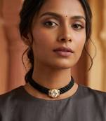 Black pearl & stone embellished gold polished choker necklace for women