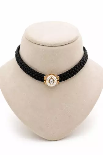 Black pearl & stone embellished gold polished choker necklace for women