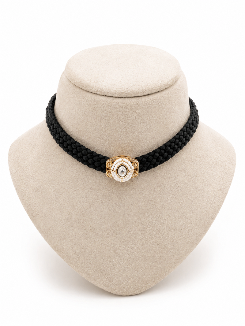 Black pearl & stone embellished gold polished choker necklace for women