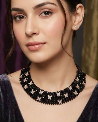 Black white stone studded rose gold butterfly charm beaded choker necklace for women 1