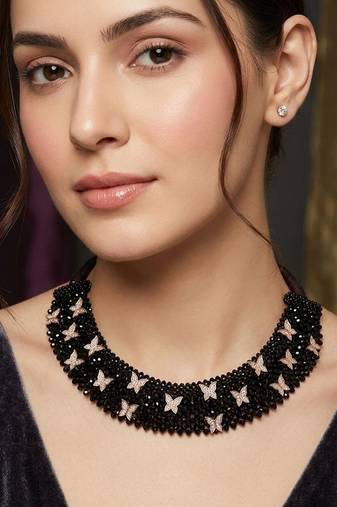 Black white stone studded rose gold butterfly charm beaded choker necklace for women