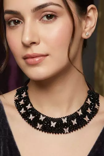 Black white stone studded rose gold butterfly charm beaded choker necklace for women