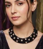 Black white stone studded rose gold butterfly charm beaded choker necklace for women