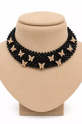 Black white stone studded rose gold butterfly charm beaded choker necklace for women