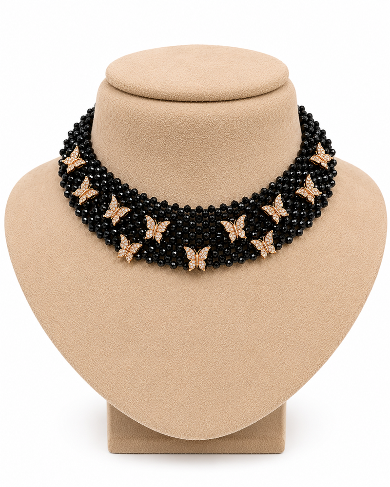 Black white stone studded rose gold butterfly charm beaded choker necklace for women