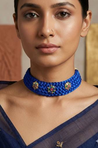 Blue ruby emerald & white stone floral pendant silk thread choker necklace for women