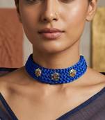 Blue ruby emerald & white stone floral pendant silk thread choker necklace for women