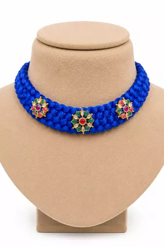 Blue ruby emerald & white stone floral pendant silk thread choker necklace for women