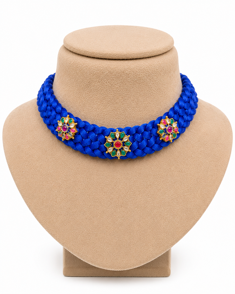 Blue ruby emerald & white stone floral pendant silk thread choker necklace for women