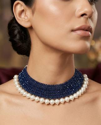 Blue lapis lazuli & freshwater pearl multi-row choker necklace for women 1
