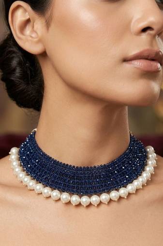 Blue lapis lazuli & freshwater pearl multi-row choker necklace for women