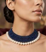 Blue lapis lazuli & freshwater pearl multi-row choker necklace for women