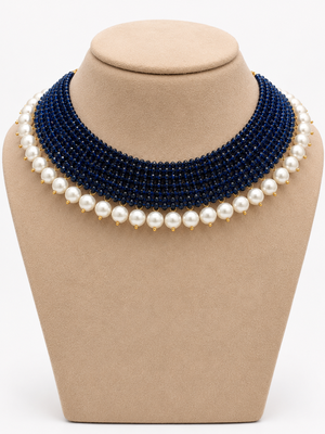 Blue lapis lazuli & freshwater pearl multi-row choker necklace for women 2