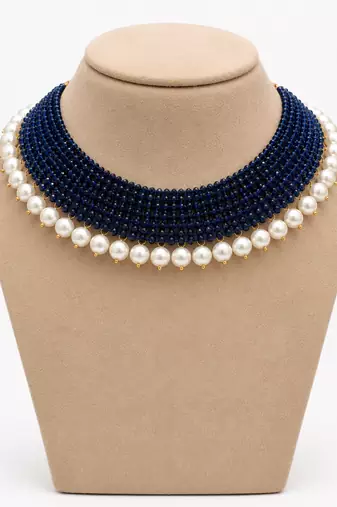 Blue lapis lazuli & freshwater pearl multi-row choker necklace for women