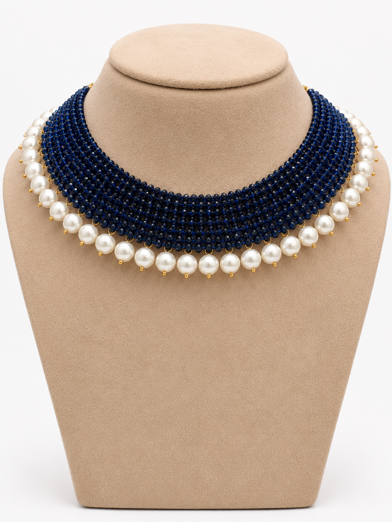 Blue lapis lazuli & freshwater pearl multi-row choker necklace for women