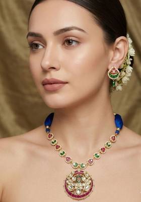 Blue kundan & stone gold plated tassel cord pendant necklace for women 1