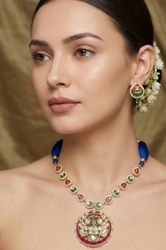 Blue kundan & stone gold plated tassel cord pendant necklace for women