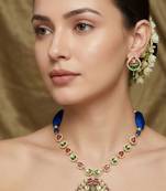 Blue kundan & stone gold plated tassel cord pendant necklace for women