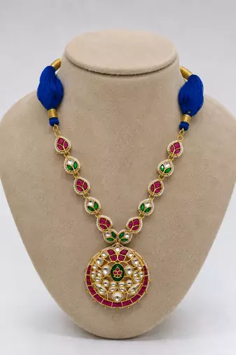 Blue kundan & stone gold plated tassel cord pendant necklace for women