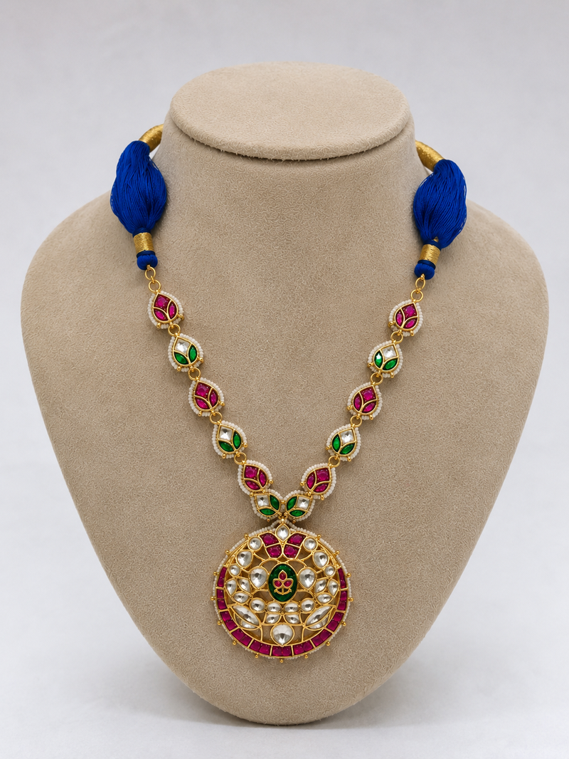 Blue kundan & stone gold plated tassel cord pendant necklace for women
