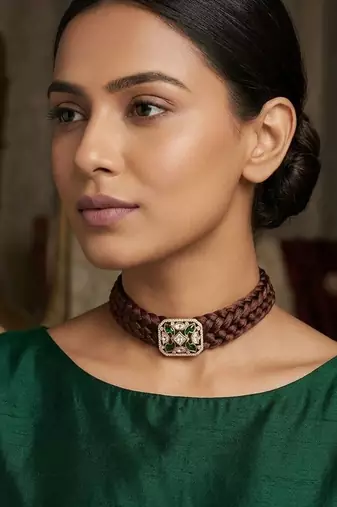 Brown emerald & polki diamond gold pendant braided choker necklace for women