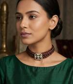 Brown emerald & polki diamond gold pendant braided choker necklace for women