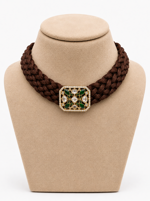 Brown emerald & polki diamond gold pendant braided choker necklace for women 2
