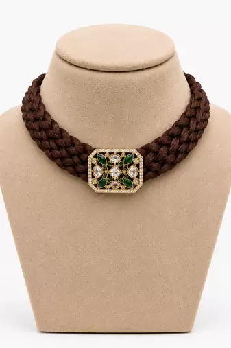 Brown emerald & polki diamond gold pendant braided choker necklace for women