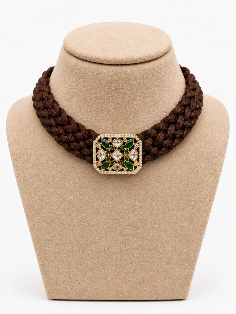 Brown emerald & polki diamond gold pendant braided choker necklace for women