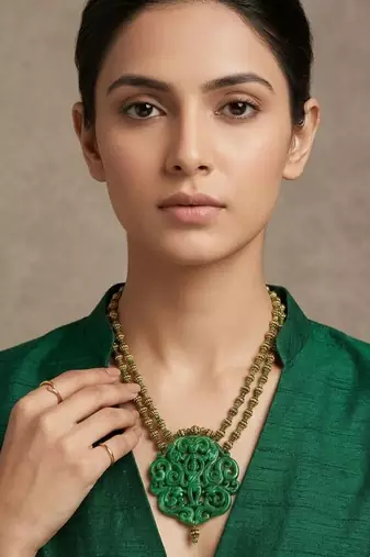 Green beaded traditional temple jewellery carved pendant necklace for women