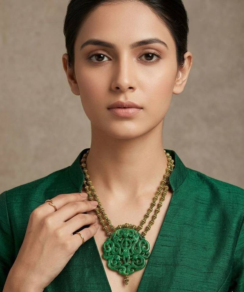 Green beaded traditional temple jewellery carved pendant necklace for women