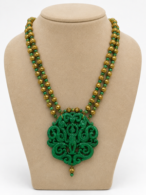 Green beaded traditional temple jewellery carved pendant necklace for women 3