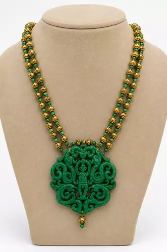 Green beaded traditional temple jewellery carved pendant necklace for women