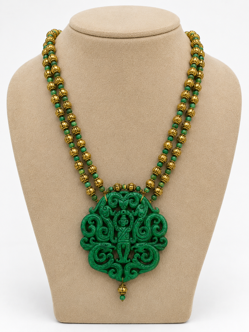 Green beaded traditional temple jewellery carved pendant necklace for women
