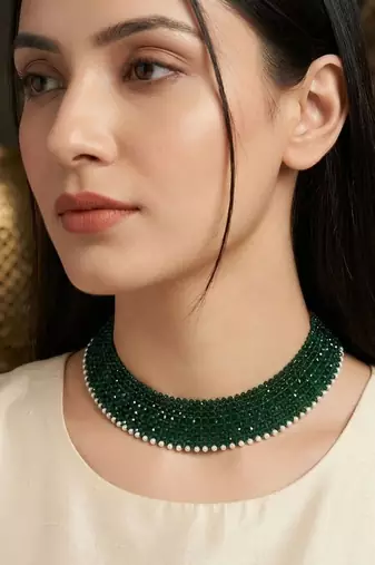 Green pearl border handmade chatai beaded necklace for women