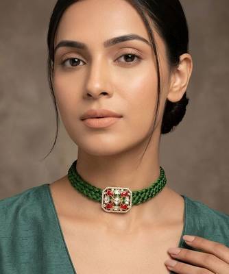 Green kundan stone & crystal embellished choker necklace for women 1