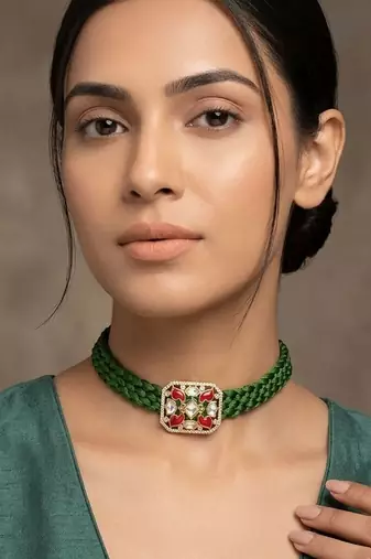 Green kundan stone & crystal embellished choker necklace for women
