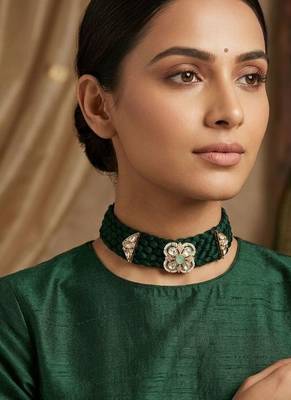 Green kundan polki gold finish braided choker necklace for women 1