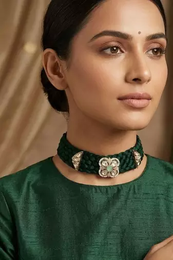 Green kundan polki gold finish braided choker necklace for women