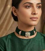 Green kundan polki gold finish braided choker necklace for women