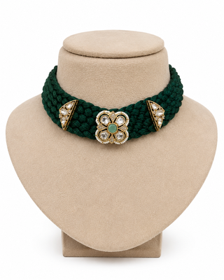Green kundan polki gold finish braided choker necklace for women 2