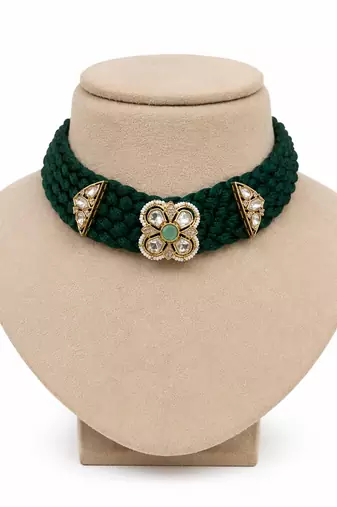 Green kundan polki gold finish braided choker necklace for women