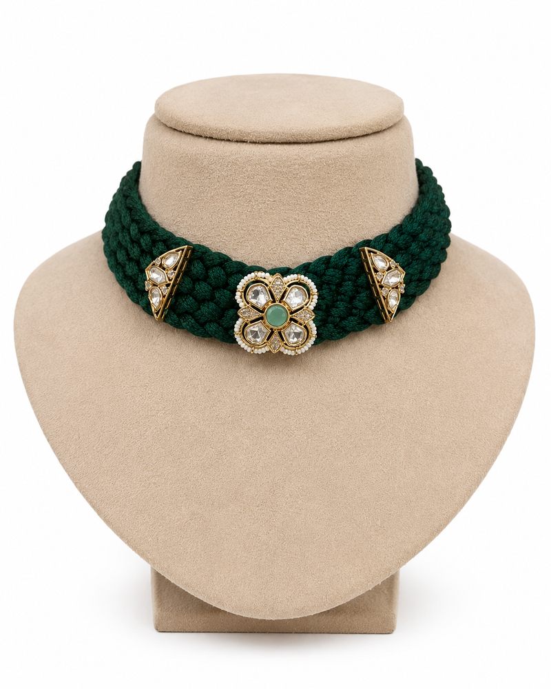 Green kundan polki gold finish braided choker necklace for women