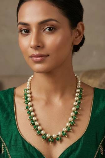 Green pearl & beaded gold tone filigree renaissance necklace for women